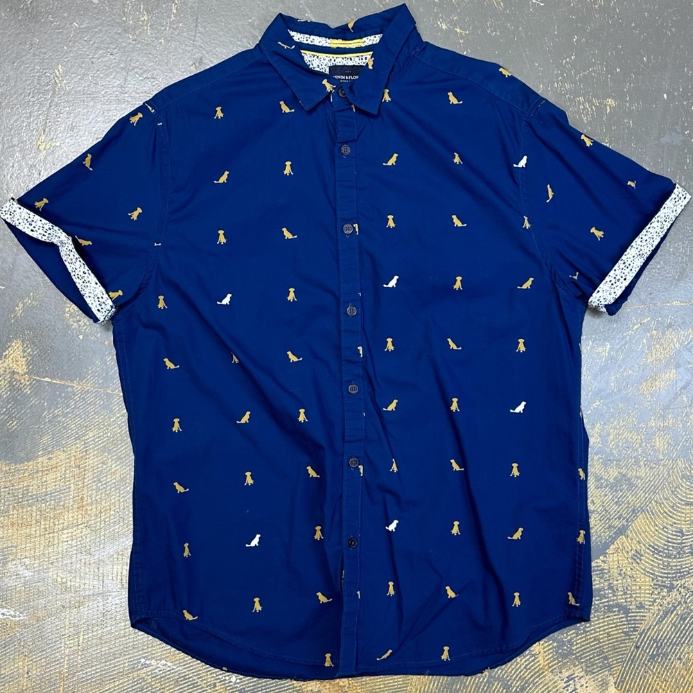 Denim & Flower Button Down Shirt XL Royal Blue Dogs Dress Shirt Date